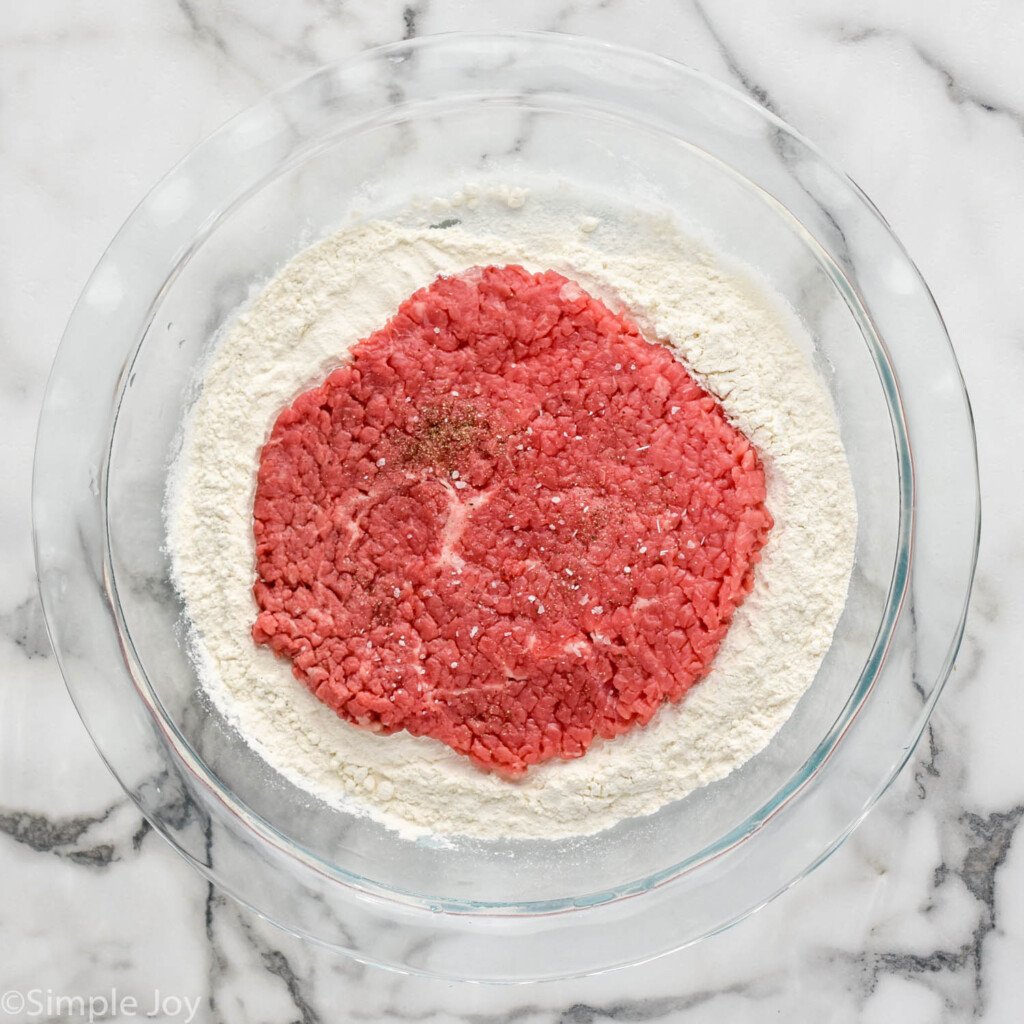 overhead of bowl of Chicken Fried Steak ingredients