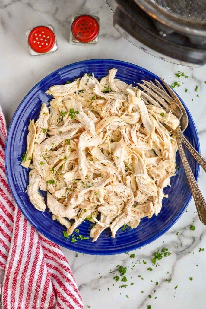 Overhead view of a plate of shredded Instant Pot Chicken with forks. Seasonings beside