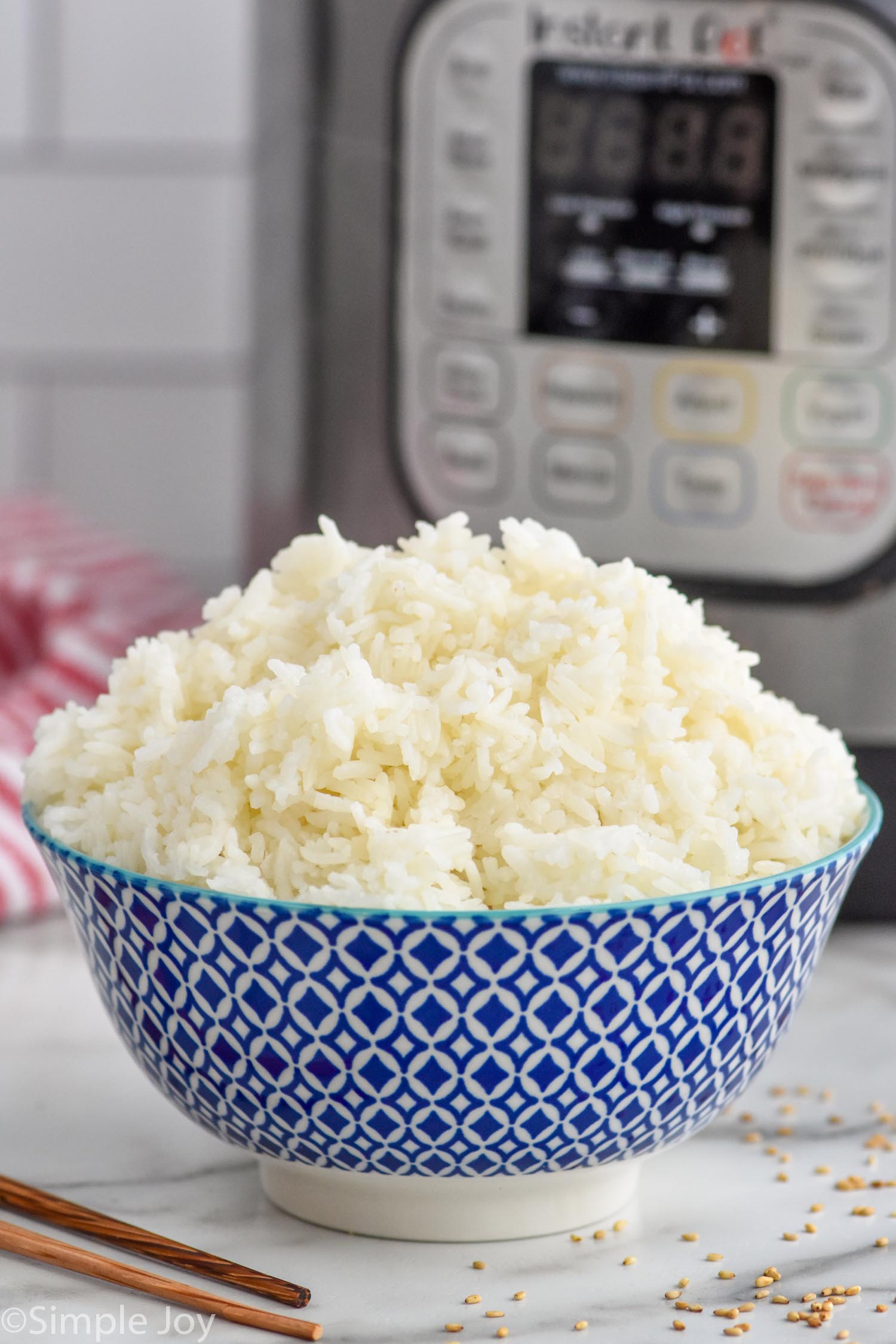 bowl of Instant Pot Rice with instant pot sitting in background