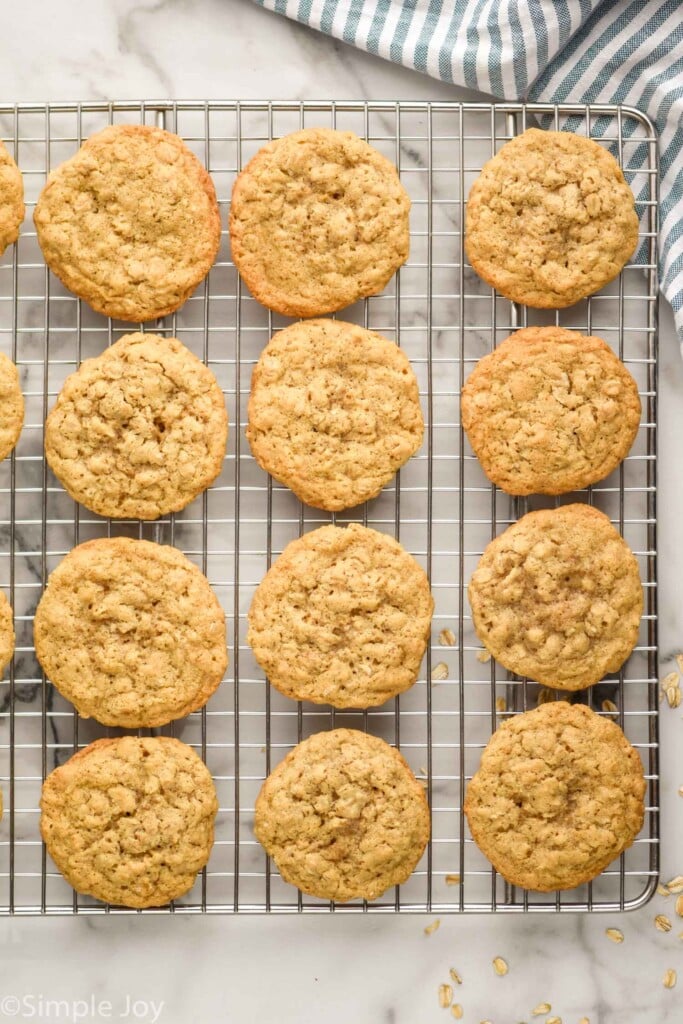 overhead of oatmeal cookies on a wire cooling rack