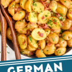 Pinterest graphic for German Potato Salad. Image shows overhead of bowl of German Potato Salad topped with parsley. Says "German Potato Salad simplejoy.com"