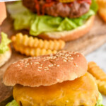 Pinterest graphic for The Best Hamburger Recipe. Says "the best burger recipe simplejoy.com" Image shows a grilled hamburger on a bun and lettuce topped with cheese. French fries sitting beside and behind.