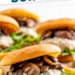 Pinterest graphic for Mushroom Swiss Burger. says "the Best Mushroom Swiss Burger simplejoy.com" Image shows Mushroom Swiss Burger on bun with lettuce