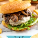 Pinterest graphic for Mushroom Swiss Burger. Image shows a Mushroom Swiss Burger on bun with lettuce. Says "the best Mushroom Swiss Burger simplejoy.com"
