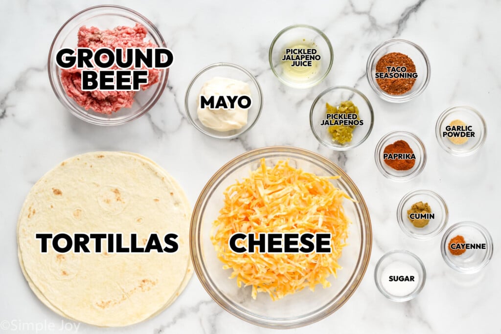 overhead of labeled beef quesadilla ingredients