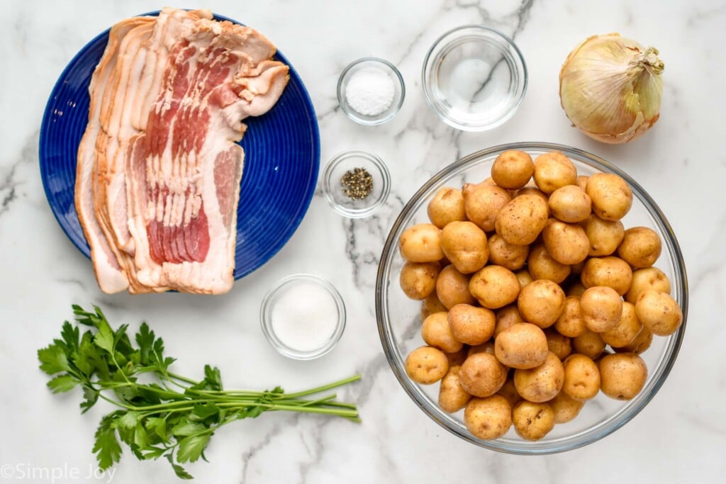 overhead of German Potato Salad ingredients