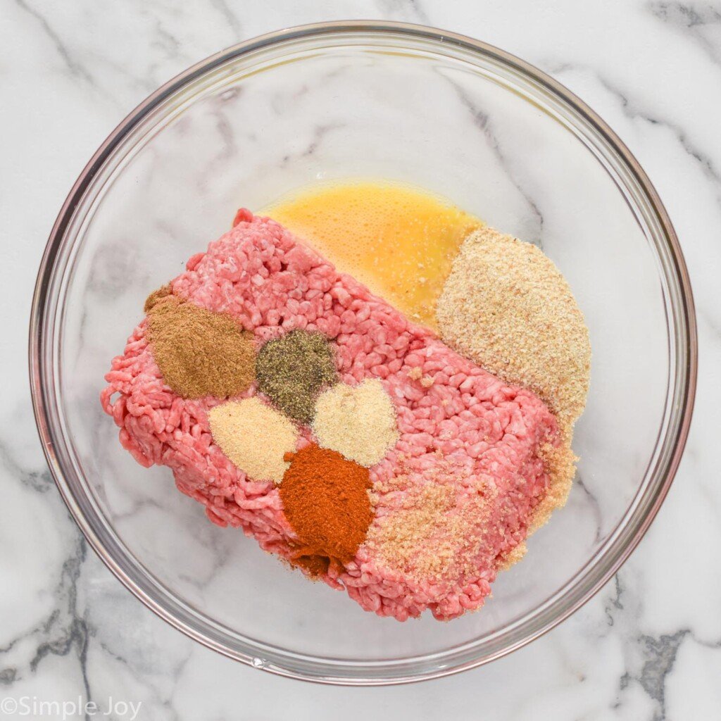 Overhead of bowl of The Best Hamburger Recipe ingredients
