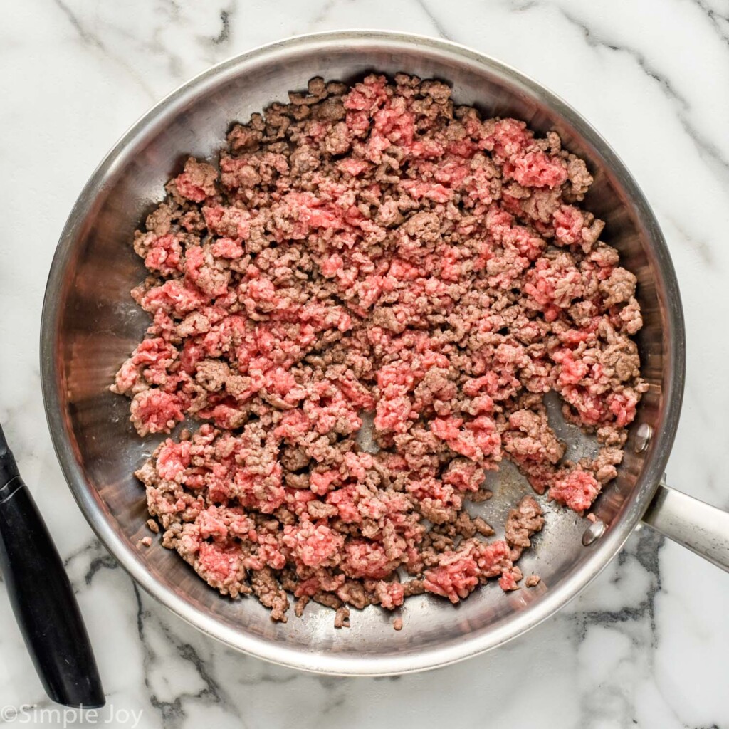 Overhead of skillet of hamburger to make taco meat for Walking Tacos