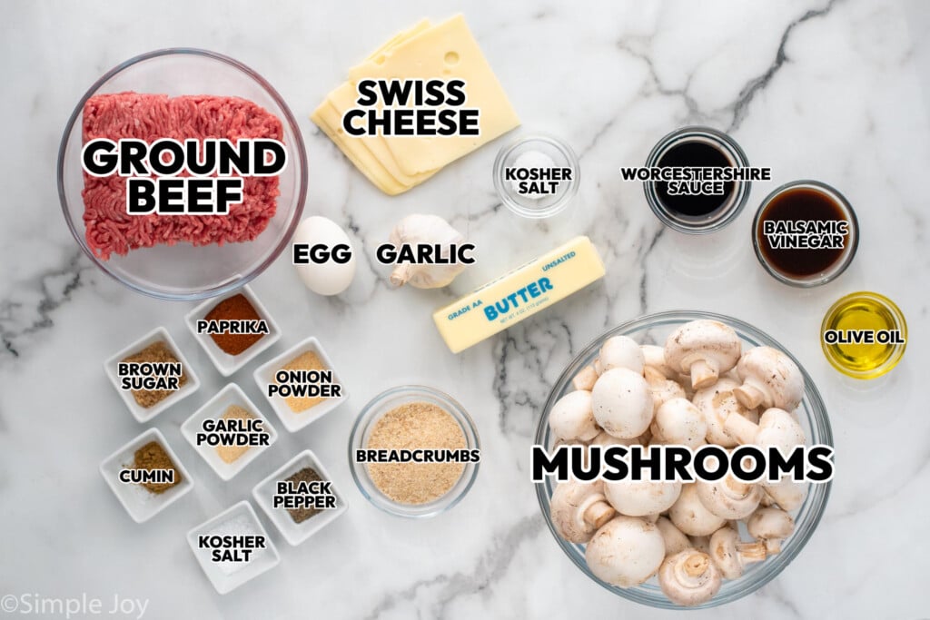 overhead of Mushroom Swiss Burger ingredients