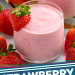 Pinterest graphic for Strawberry Banana Smoothie recipe. Image shows Strawberry Banana Smoothie with strawberry garnish on the rim. Strawberries and bananas beside. Text says, "Strawberry Banana Smoothie simplejoy.com."