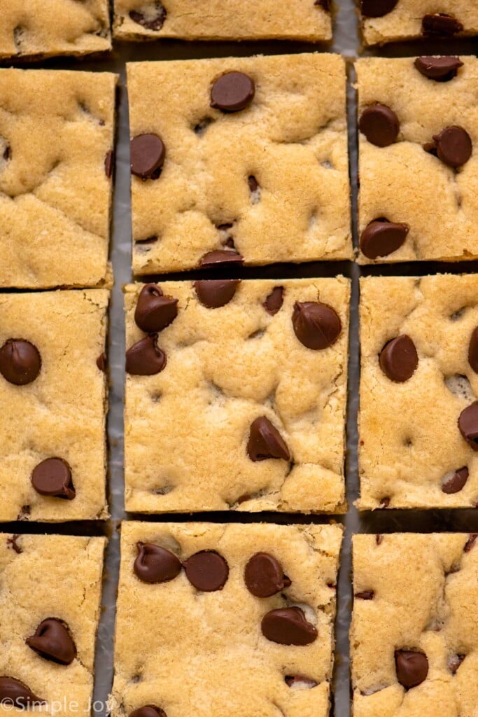 Overhead of cut Chocolate Chip Cookie Bars