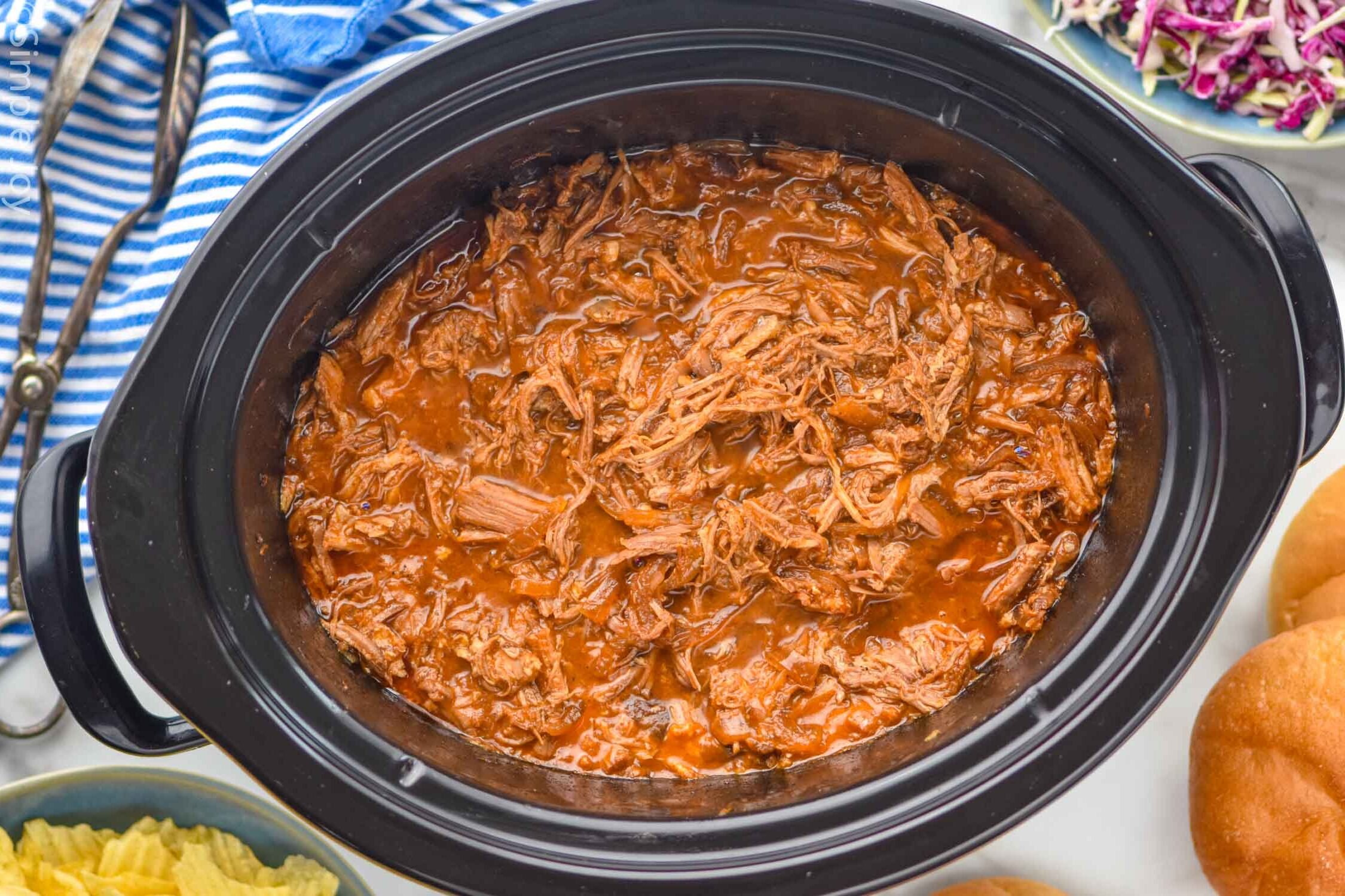 Overhead photo of Dr. Pepper Pulled Pork recipe in a crockpot.