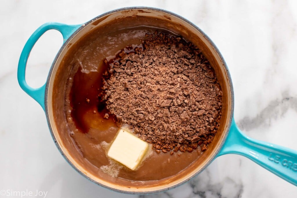 Overhead view of saucepan with ingredients for Chocolate Cream Pie recipe.