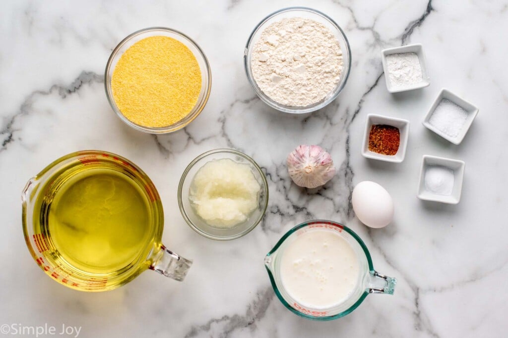 Overhead view of ingredients for Hush Puppies on the countertop.