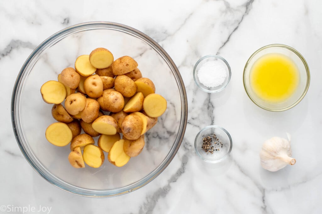 overhead of roasted baby potatoes ingredients