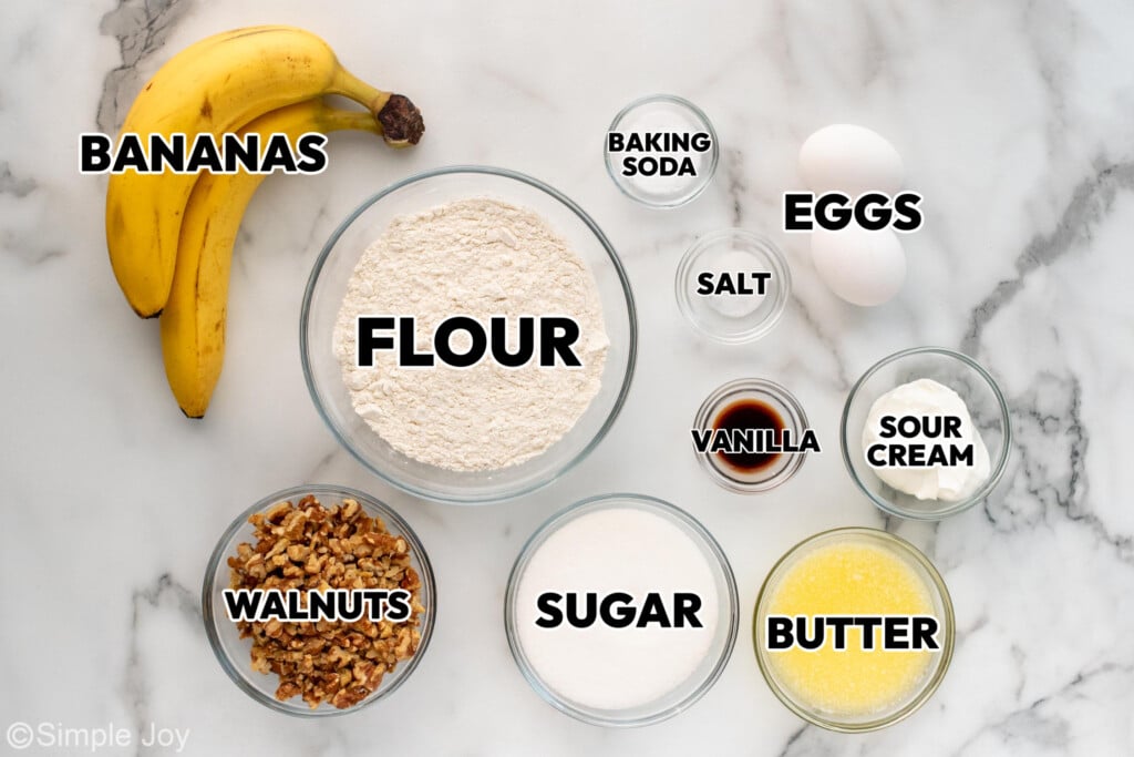 Overhead view of ingredients for Banana Nut Bread recipe on the countertop.