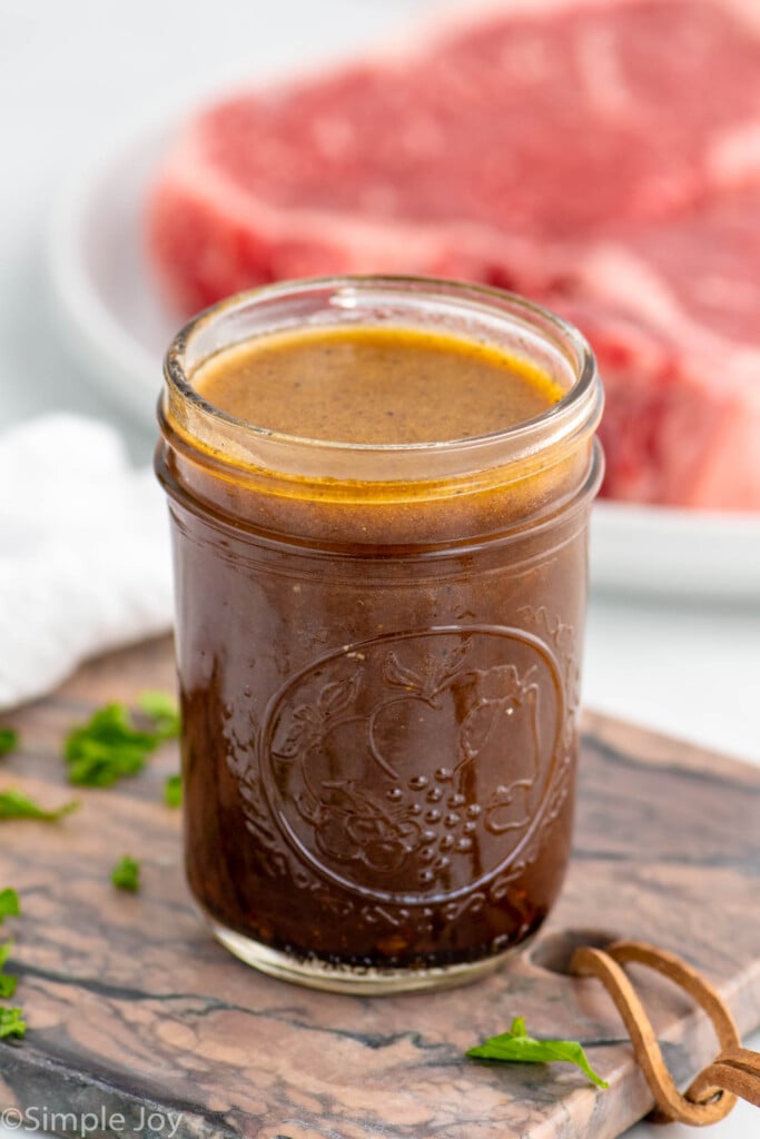 Side view of a jar of steak marinade recipe