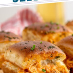 Pinterest graphic for Buffalo Chicken Sliders recipe. Text says, "the best Buffalo Chicken Sliders simplejoy.com." Image shows side view of Buffalo Chicken Sliders.