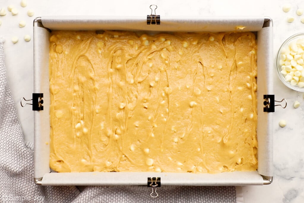 blondie batter in a prepared pan