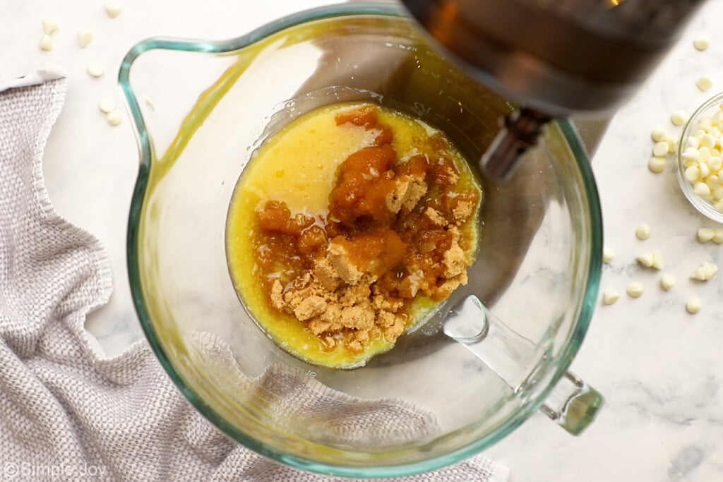 brown sugar and melted butter in the bowl of a stand mixer