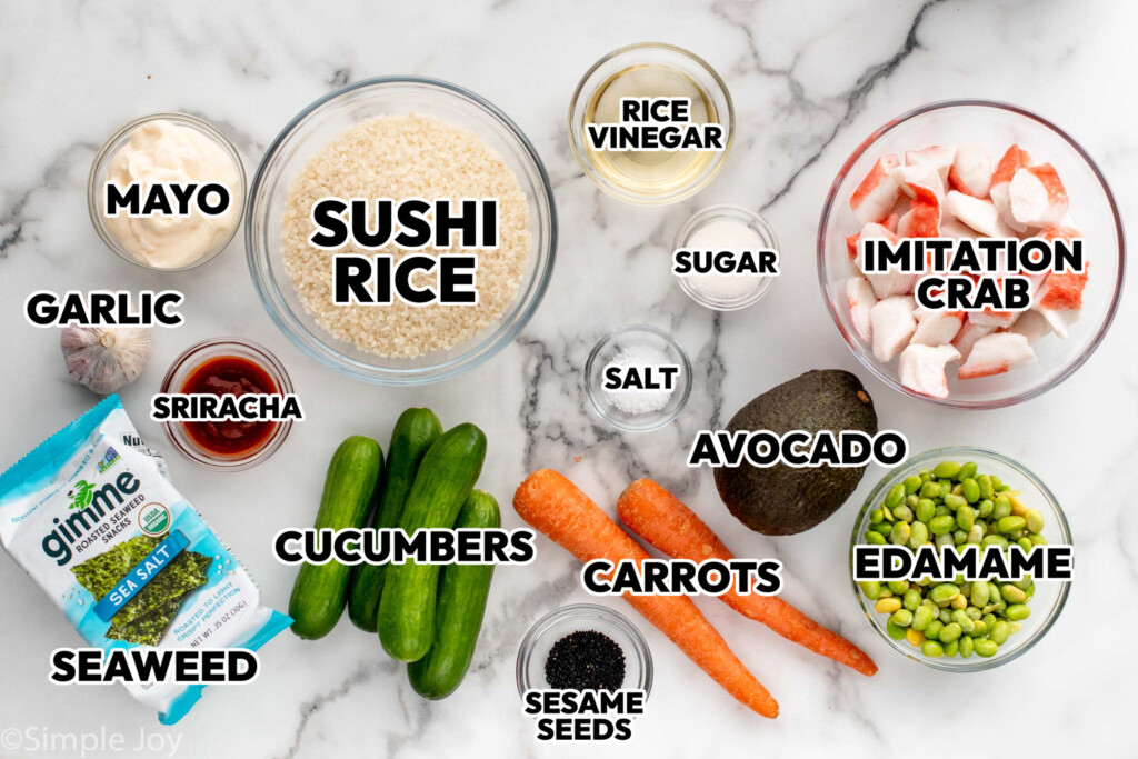 Overhead view of ingredients for Sushi Bowl recipe on countertop - 3