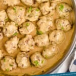 pinterest graphic of overhead of a pan of Swedish Meatballs, says: tried & true Swedish Meatballs simplejoy.com