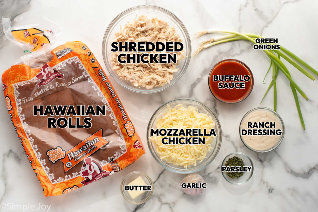 Overhead view of ingredients for Buffalo Chicken Sliders on countertop. - 4
