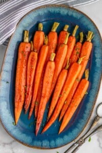 Overhead view of a platter with Honey Roasted Carrots