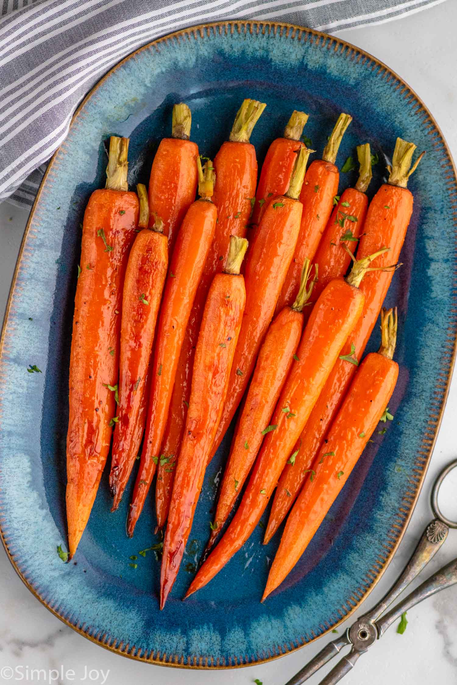 Overhead view of a platter with Honey Roasted Carrots