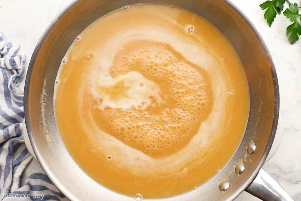 overhead of gravy in a skillet