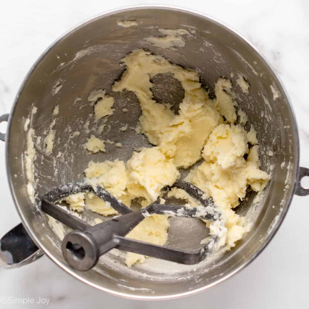 butter and sugar creamed in mixing bowl