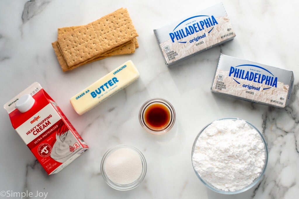 Overhead view of ingredients on the countertop for No Bake Cheesecake recipe/ - 5