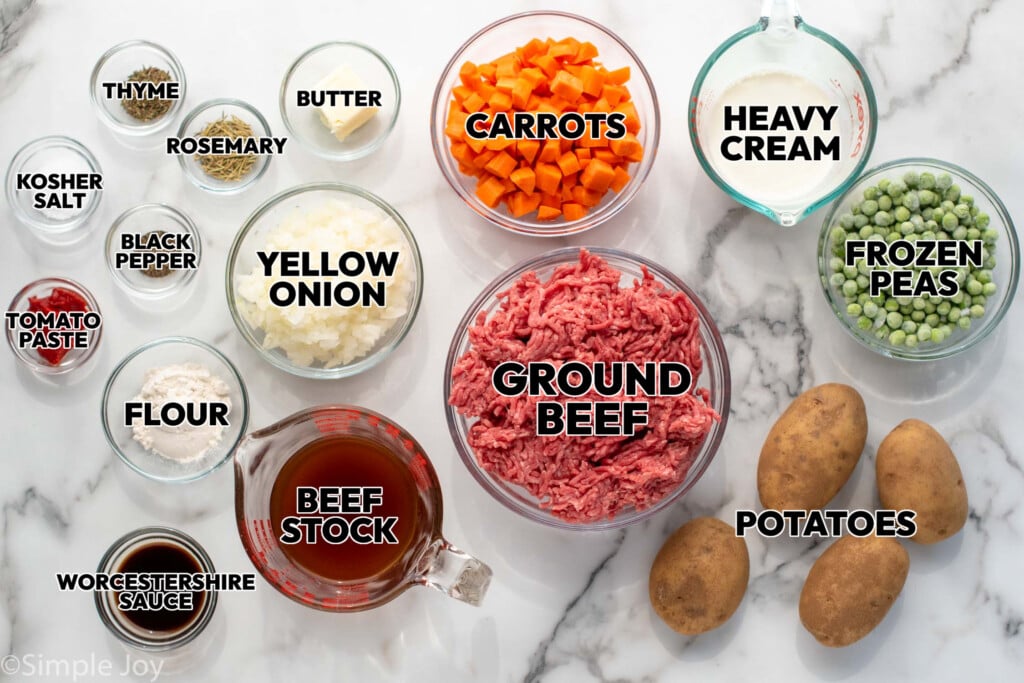 Overhead view of ingredients for sheperd's Pie recipe on countertop. - 4