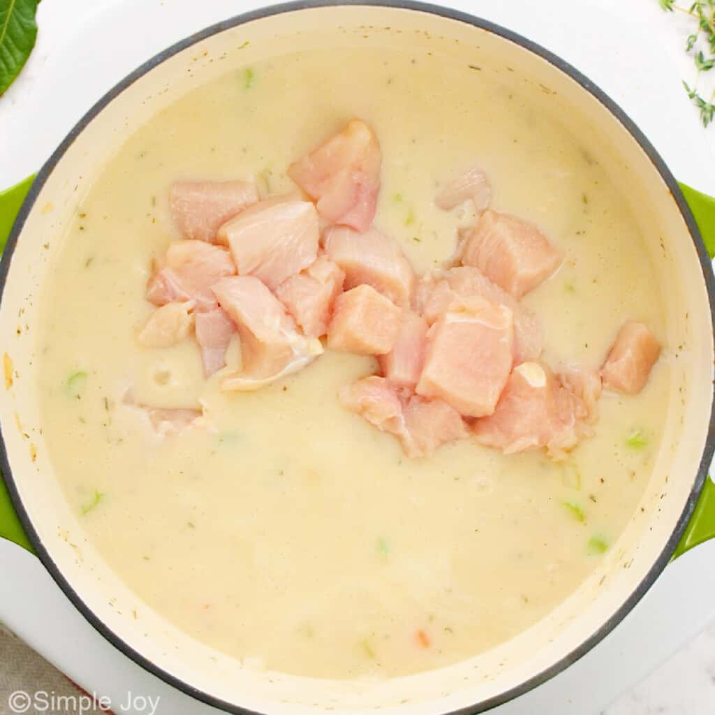 adding diced chicken to a broth - 19