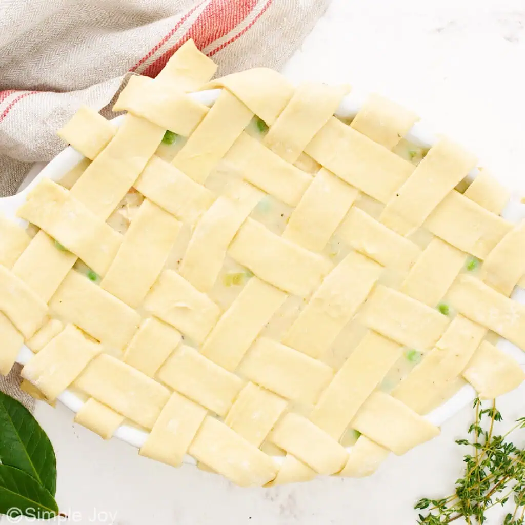 making a lattice top on a chicken pot pie casserole