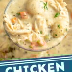 Pinterest graphic for chicken gnocchi soup recipe. Image shows close up view of a ladle of chicken gnocchi soup over pot of chicken gnocchi soup. Text says, "chicken gnocchi soup simplejoy.com."