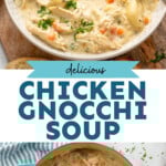 Pinterest graphic for chicken gnocchi soup recipe. Top image shows bowl of chicken gnocchi soup with spoon. Bottom image is overhead view of a pot of chicken gnocchi soup with ladle for serving. Text says, "delicious chicken gnocchi soup simplejoy.com."