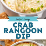 Pinterest graphic for crab rangoon dip recipe. Top image shows person's hand dipping pita chip in crab rangoon dip garnished with chopped green onions. Bottom image shows overhead view of a baking dish of crab rangoon dip with pita chips in and around. Text says, "super easy crab rangoon dip simplejoy.com."