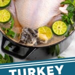 Pinterest graphic for turkey brine recipe. Image shows a large pot with a raw turkey and ingredients for turkey brine recipe. Text says, "turkey brine recipe simplejoy.com."