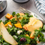 Pinterest graphic for Winter Salad recipe. Text says, "the best Winter Salad simplejoy.com." Image shows a plate with Winter Salad and forks.