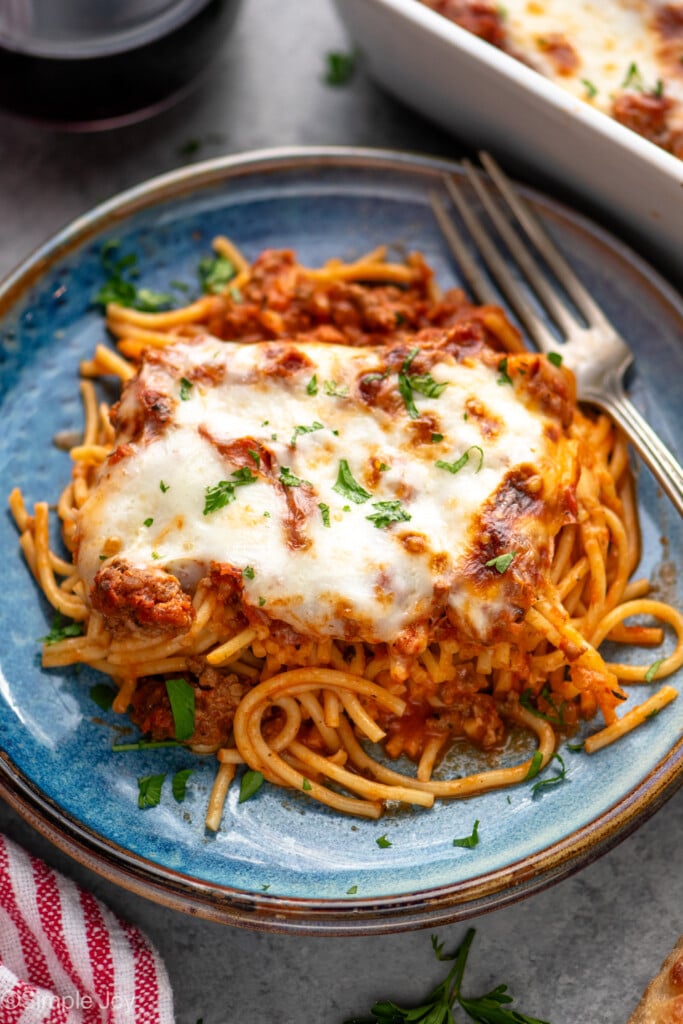 Plate of Baked Spaghetti with fork beside.