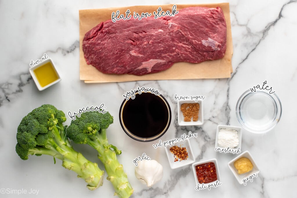 Overhead view of ingredients on countertop for easy Beef and Broccoli recipe
