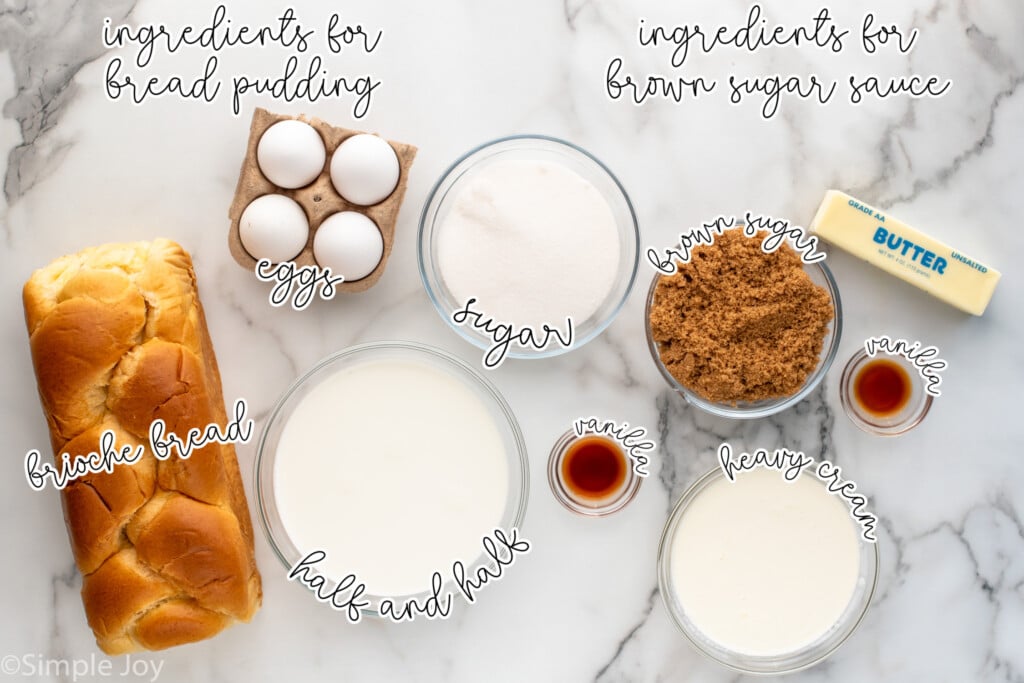 Overhead view of ingredients on countertop for Bread Pudding recipe. - 5