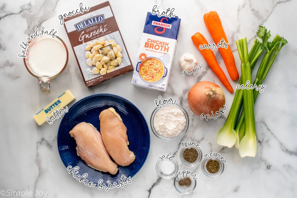 overhead view of ingredients for chicken gnocchi soup recipe on countertop/