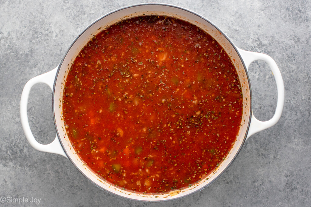 Overhead view of pot of Lasagna Soup recipe in progress.
