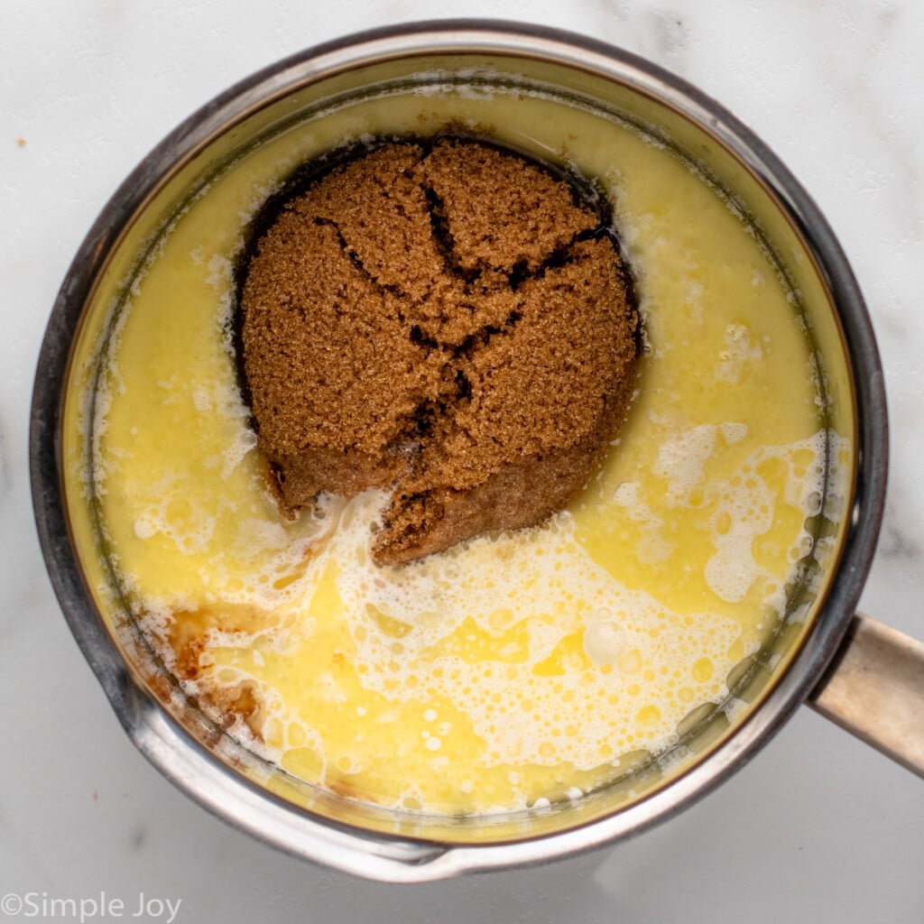 Overhead view of saucepan of ingredients for Bread Pudding recipe.