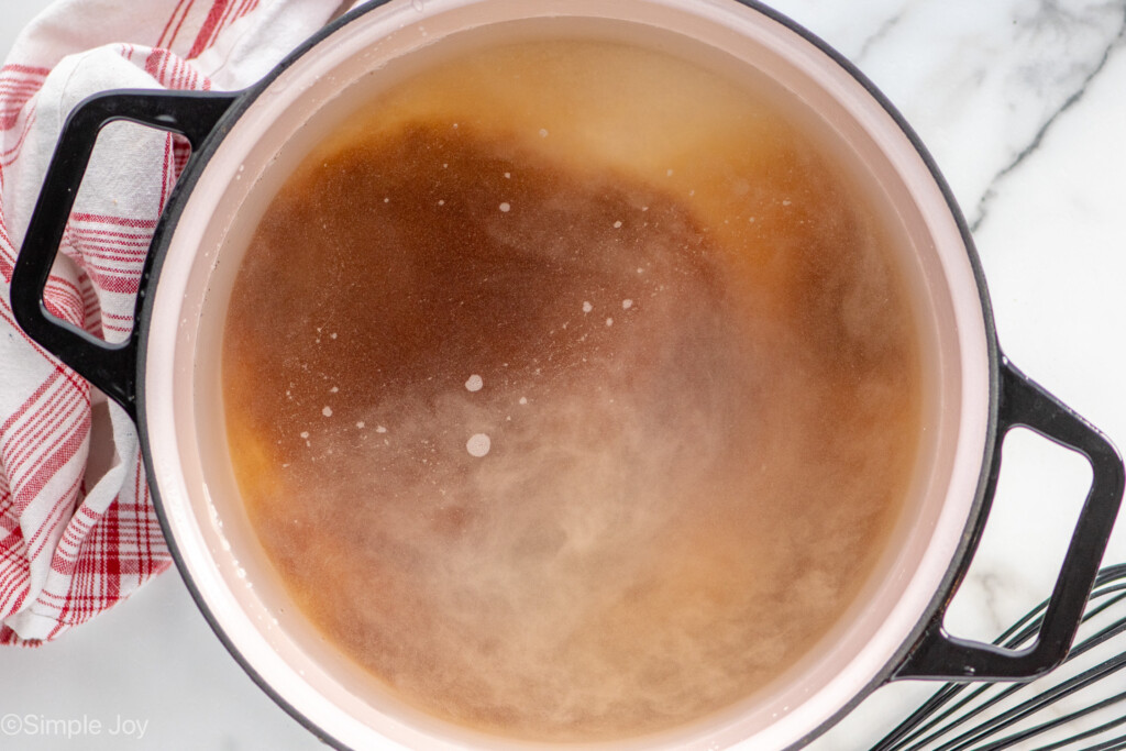 Overhead view of a large pot of liquid for turkey brine recipe
