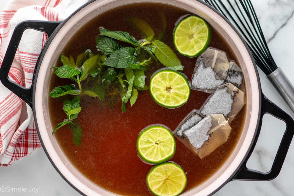 Overhead view of a large pot with ingredients for turkey brine recipe