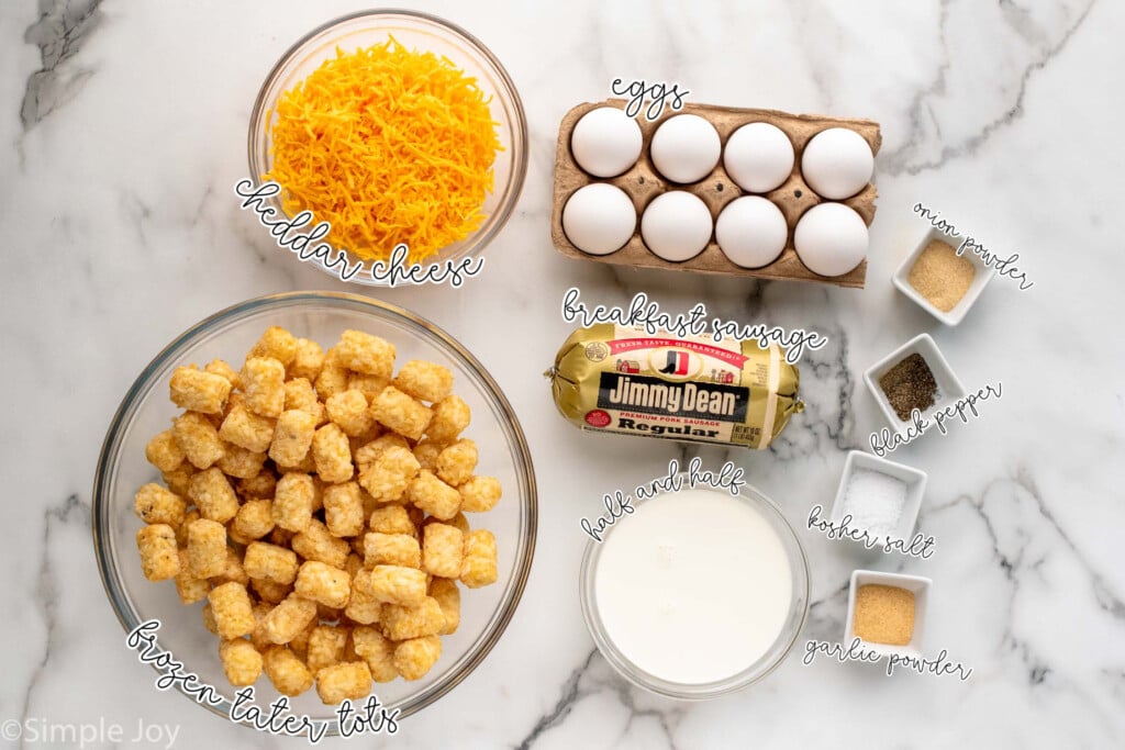 Overhead view of ingredients for tater tot breakfast casserole recipe on countertop