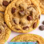 Pinterest graphic for Brown Butter Chocolate Chip Cookies recipe. Image shows close up of Brown Butter Chocolate Chip Cookies. Text says, "Brown Butter Chocolate Chip Cookies simplejoy.com."